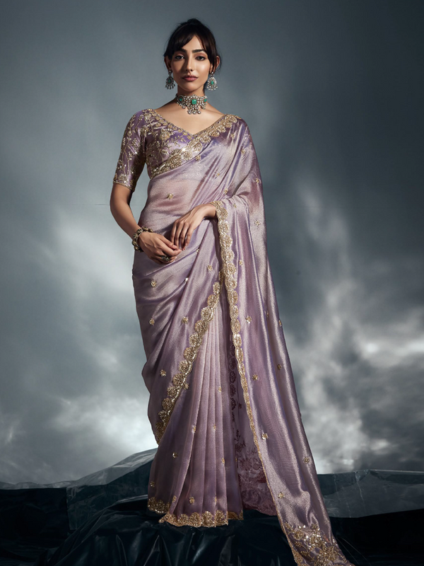 Graceful Mauve Organza Saree with Delicate Khatli Embroidery