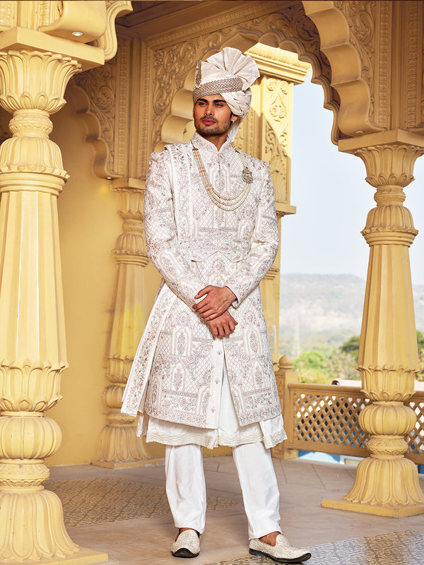 Men White Heavy Embroidered Belted Sherwani