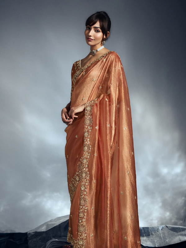 Golden Orange Organza Party Saree with Exquisite Khatli Detailing