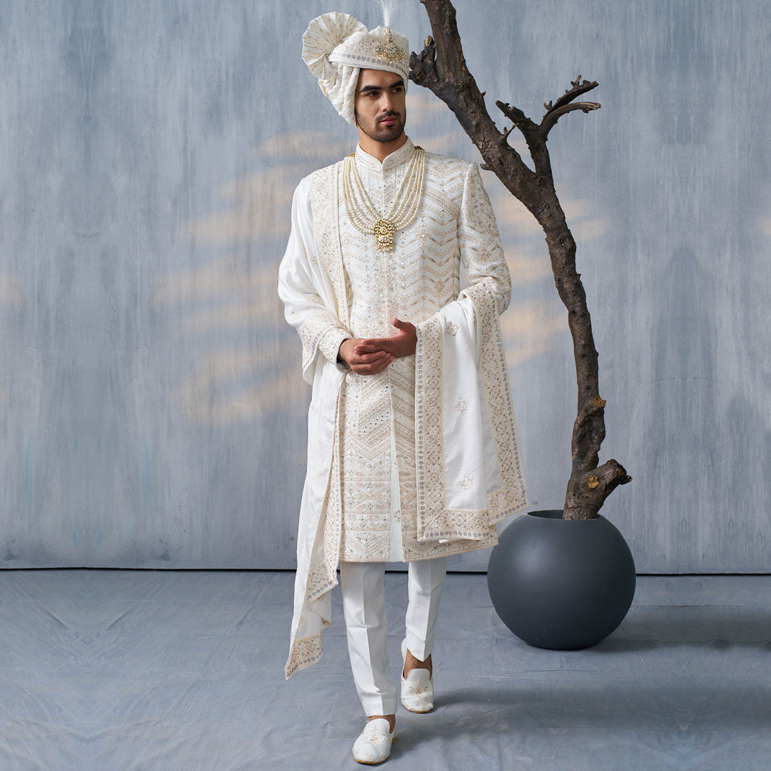 Exclusive Off White And Red Premium Fabric Kids Boy Wedding Sherwani