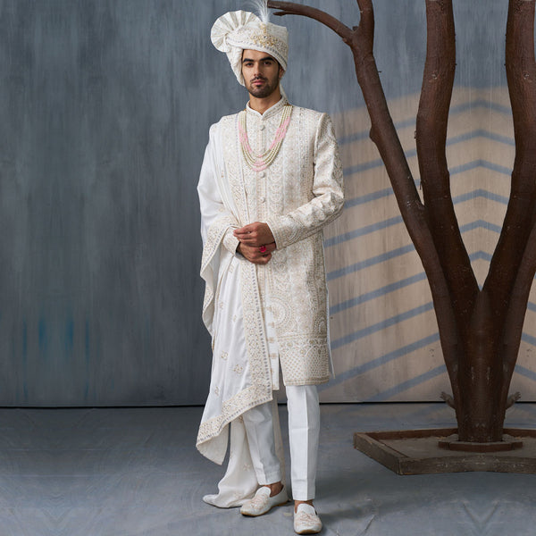 Regal Off-White and Cream Embroidered Groom's Sherwani