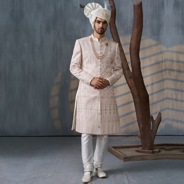Classic White Sherwani with Elegant Maroon Embroidery