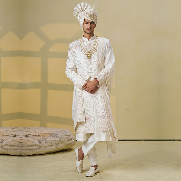 Exquisite White Silk Sherwani with Floral Embroidery