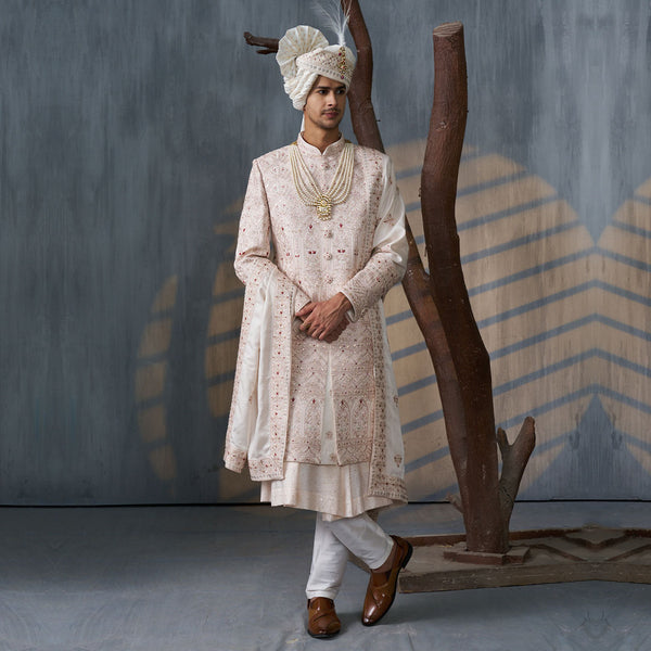Regal Rose Pink Sherwani  with White Pajama and Embroidery