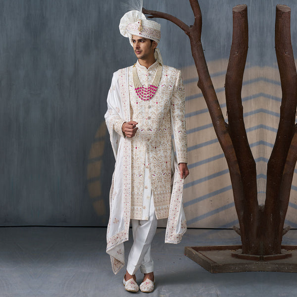 Elegant Cream and White Sherwani with Beautiful Embroidery