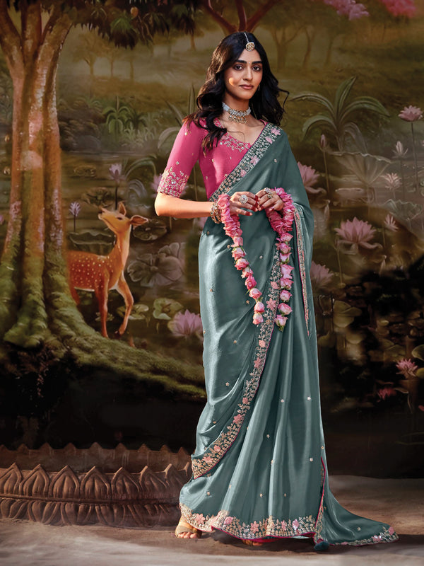 Serene Sage Floral Silk Saree