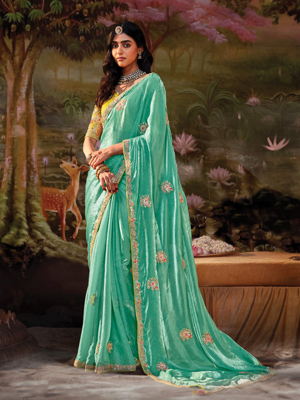 Aqua Bloom Embroidered Silk Saree