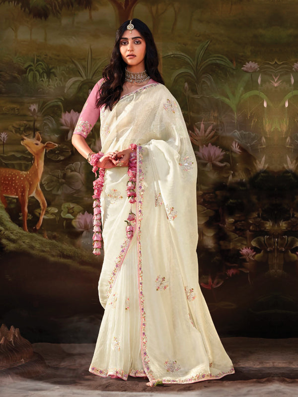 Ivory Blossom Embroidered Silk Saree