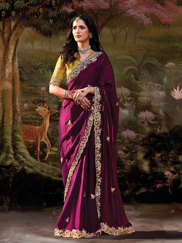 Wine Royale Embroidered Silk Saree