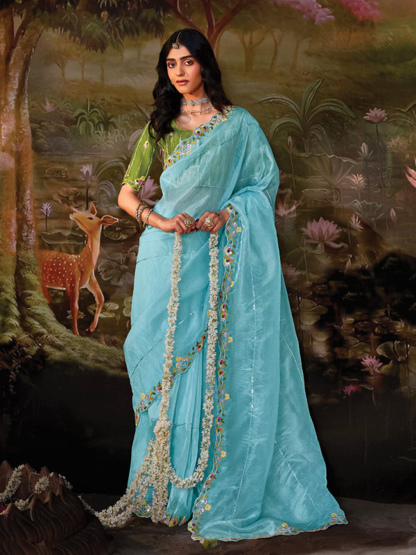 Sky Serenade Embroidered Silk Saree