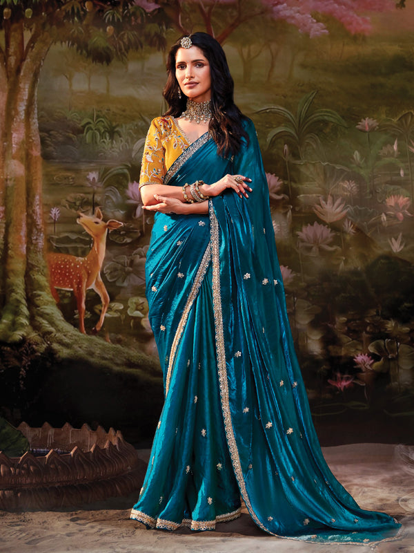 Teal Blue Twilight Embroidered Silk Saree