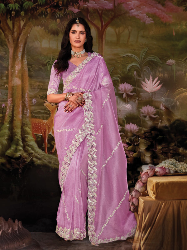 Lilac Luster Embroidered Silk Saree