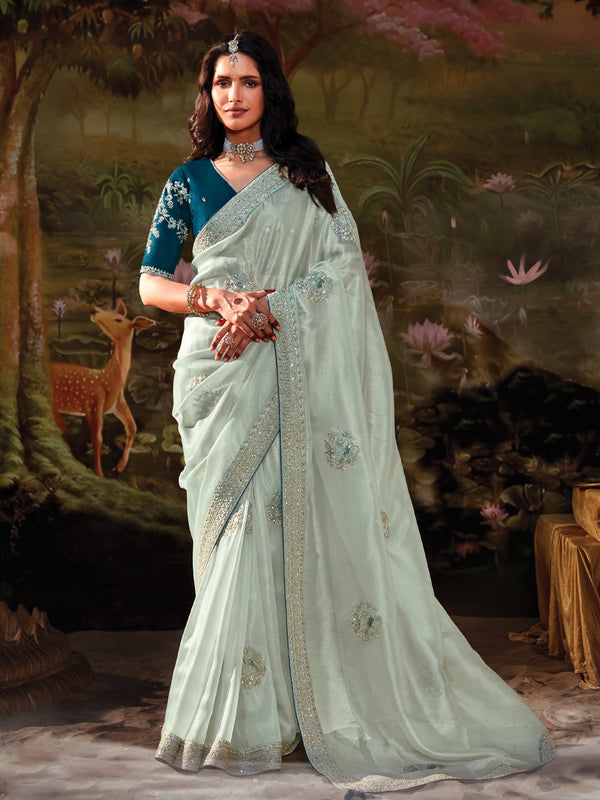 Mint Green Whisper Embroidered Silk Saree