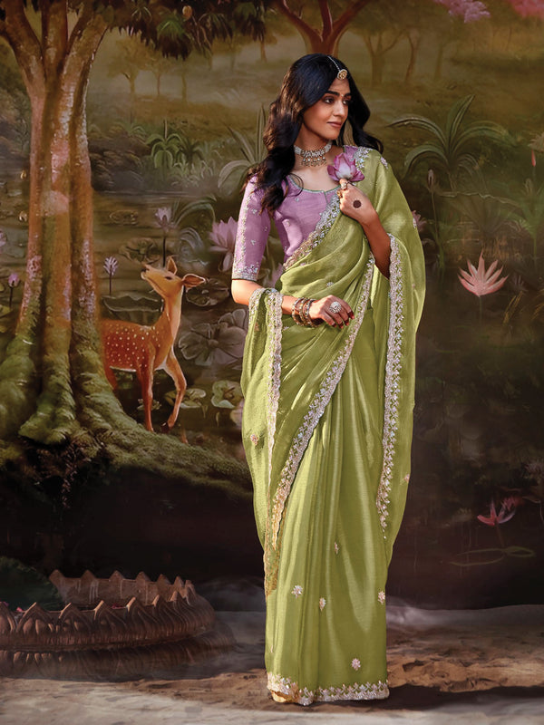 Olive Green Bloom Embroidered Organza Saree