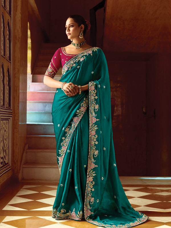 Regal Peacock Teal Velvet Saree with Intricate Zardosi Embroidery