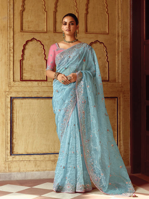 Celestial Mist Blue Net Saree with Delicate Threadand Rose Pink Accents