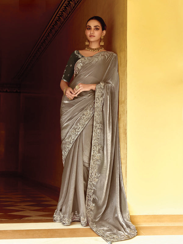 Elegant Ash Taupe Satin Saree with Antique Gold  and Embellished Floral Border