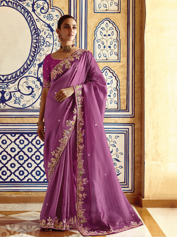 Majestic Orchid Purple Silk Saree with Intricate Floral Border