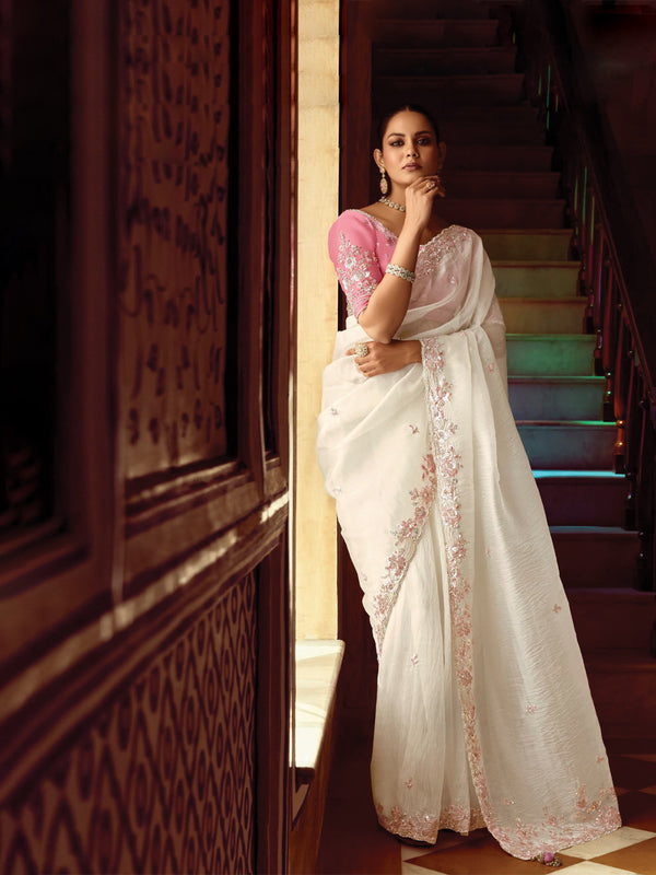 Ethereal Ivory White Saree with Delicate Blush Pink Floral Embroidery