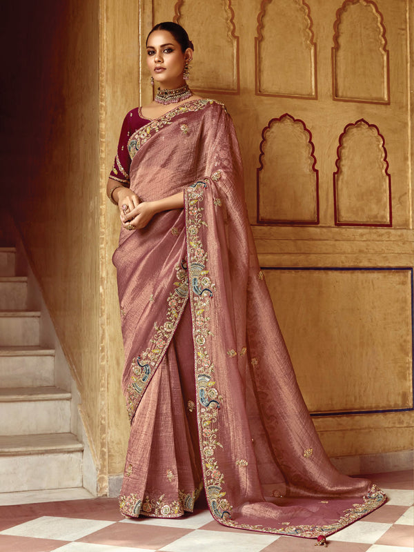 Vintage Rosewood Saree with Intricate Blue-Gold Embroidery