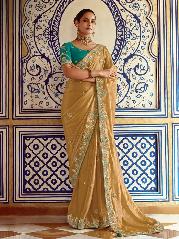 Antique Gold Saree with Turquoise Accents and Delicate Thread