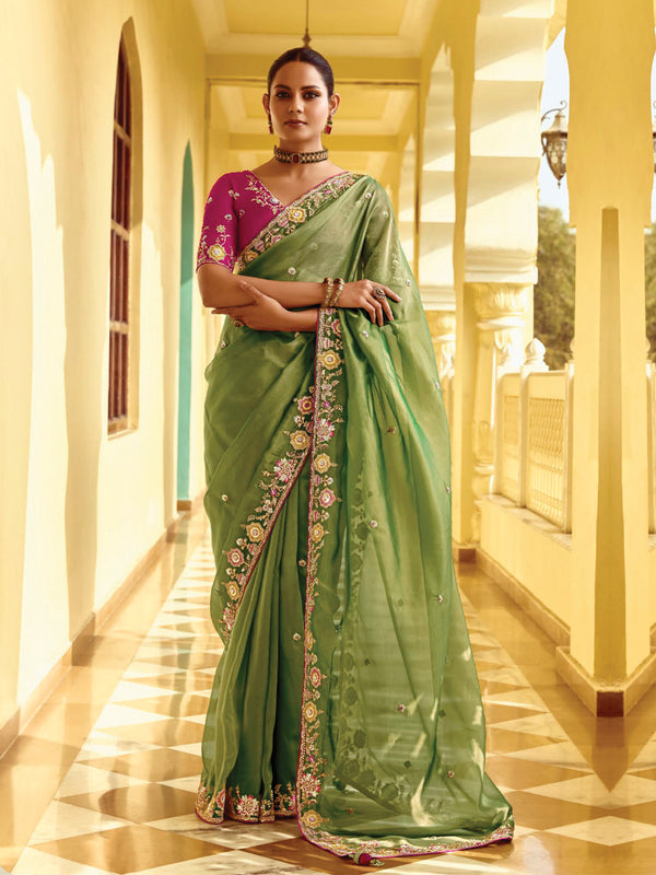 Royal Olive Green Saree with Magenta Blouse and  Multi-Colored Embroidery