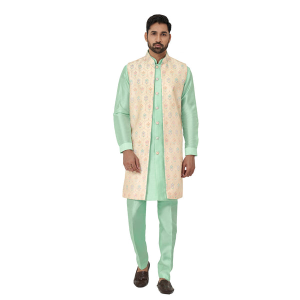 Sea Green and Cream Silk Indowestern