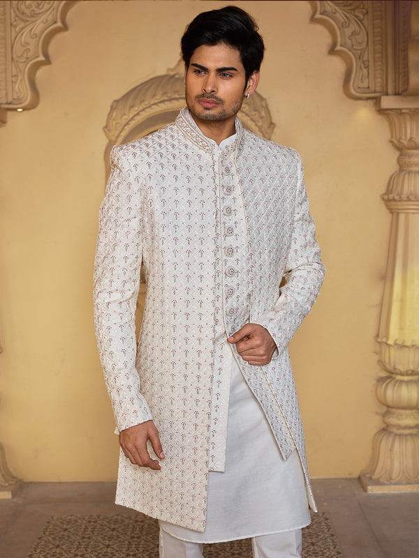 Groomsman White Decent Threadwork Coat Style Sherwani
