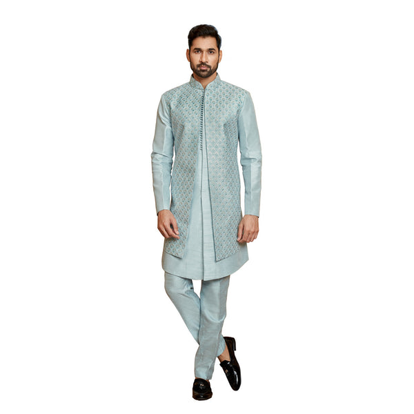 Silk Powder Blue Wedding Wear Indowestern