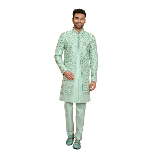 Pista Green Men Indowestern In Silk