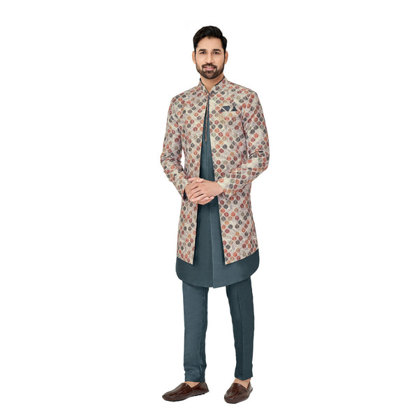 Silk Dark Grey Printed Indowestern