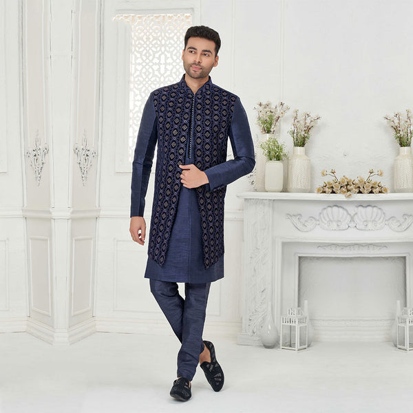 Jacket Style Embroidered Indowestern In Blue Color