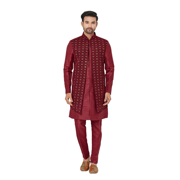 Maroon Wedding Look Silk Indowestern