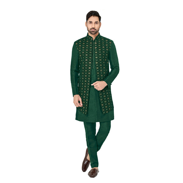 Bottle Green Silk Wedding Wear Indowestern