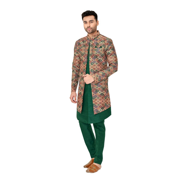 Wedding Wear Bottle Green Silk Indowestern