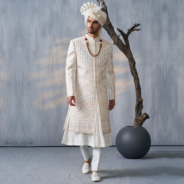 Regal Cream Sherwani with Exquisite Embroidery for the Perfect Groom