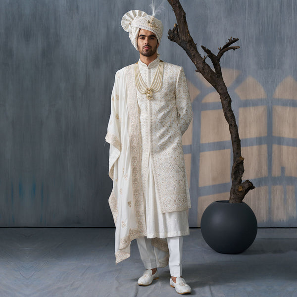 Elegant Cream Silk Sherwani with Exquisite Embroidery for Groom