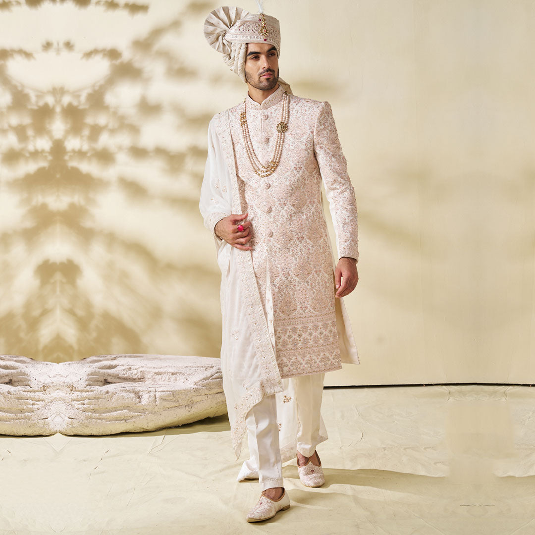 Buy Cream Pure Silk Hand Embroidered Sherwani Wedding Wear Online at Best  Price | Cbazaar