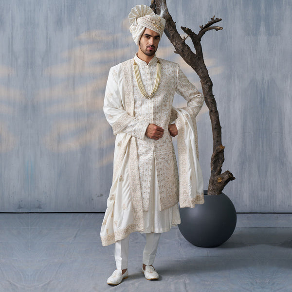 Timeless Off-White Sherwani with Full Floral Embroidery