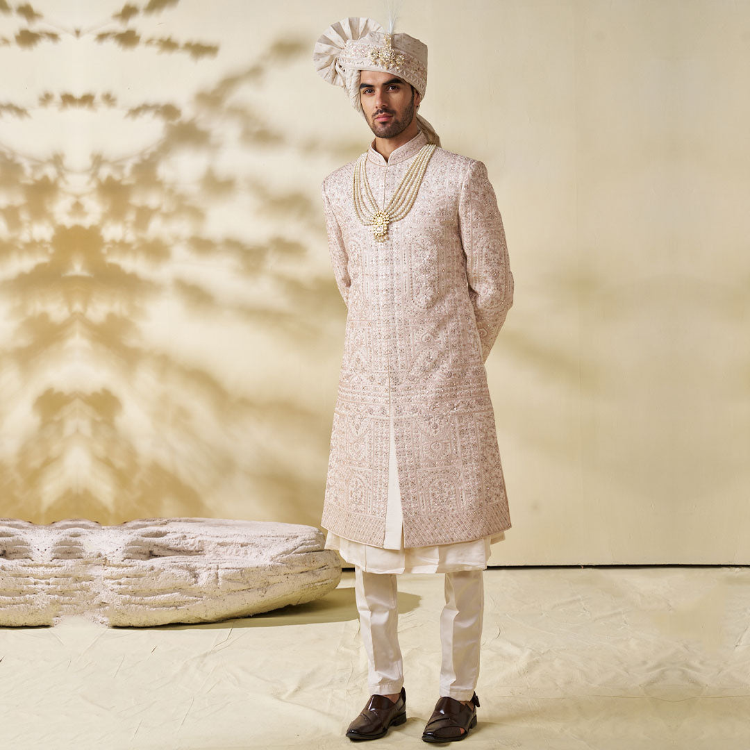 Buy Grey Raw Silk Embroidered Floral Motifs Sherwani Set For Men by JAYANTI  REDDY Online at Aza Fashions.