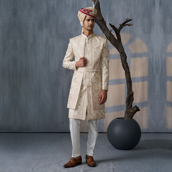 Elegant Light Beige Sherwani with Delicate Floral Embroidery