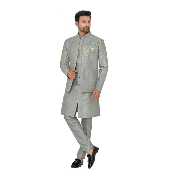 Stunning Grey Silk Indowestern