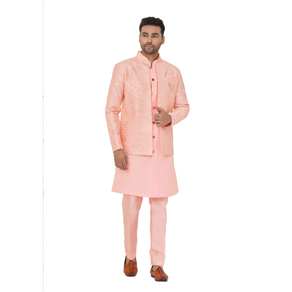 Wedding Wear Peach Silk Indowestern With Pant