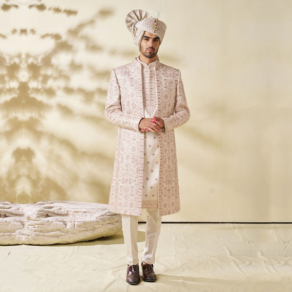 Sophisticated Rose Pink Coat-Style Sherwani with Elegant Embroidery