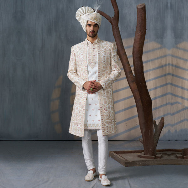 Classic White Coat-Style Sherwani with Cream Embroidery