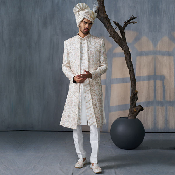 Chic White Sherwani with Subtle Light Pink Embroidery