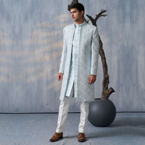 Serene Glacier Blue Silk Coat-Style Sherwani with Excellent Embroidery