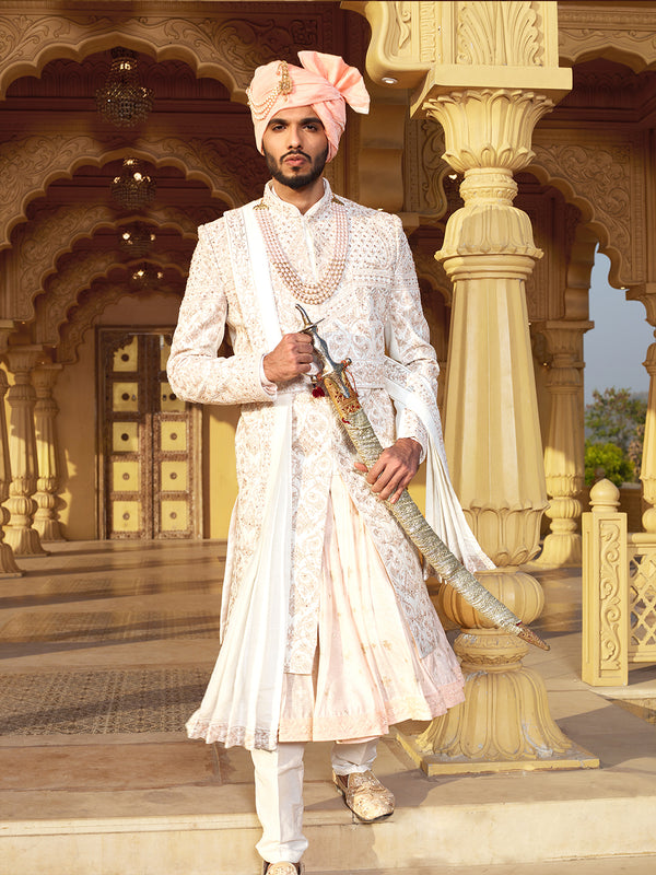 Peachish White Belted Sherwani Suit and a Dupatta