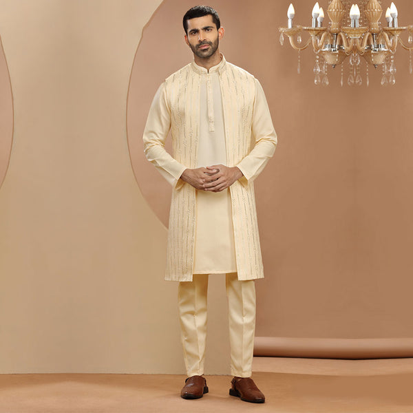 Classic Cream Kurta Set with Long Jacket