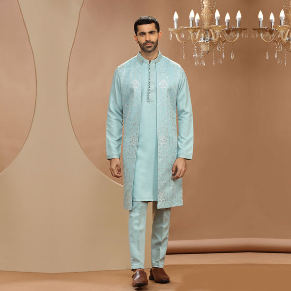 Sky Blue Kurta Set with Silver Sequence Work Jacket